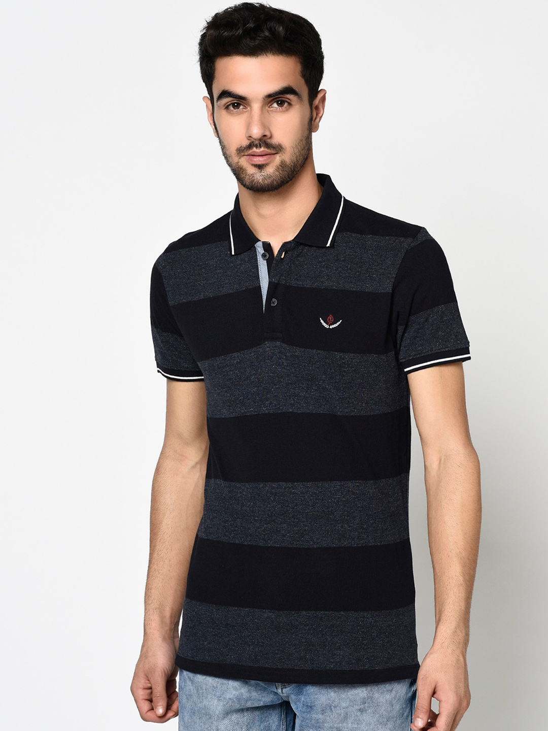 

Octave Men Grey & Black Striped Polo Collar T-shirt