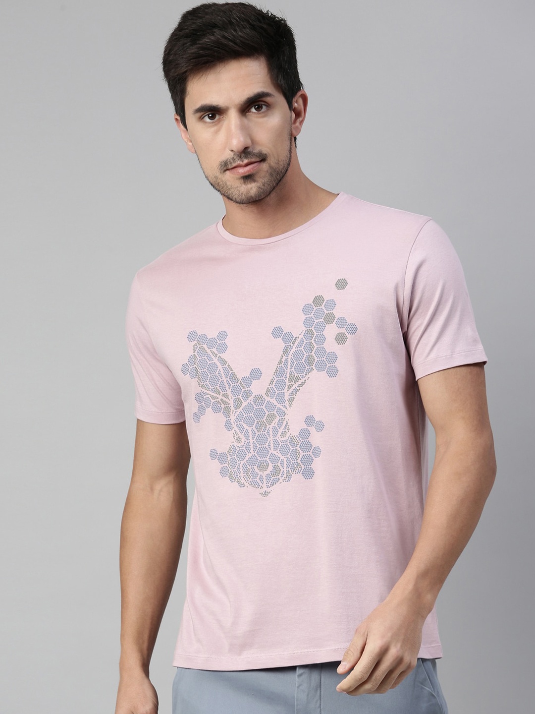 RARE RABBIT Men Endo Slim Fit Printed Round Neck T-Shirt, Pink