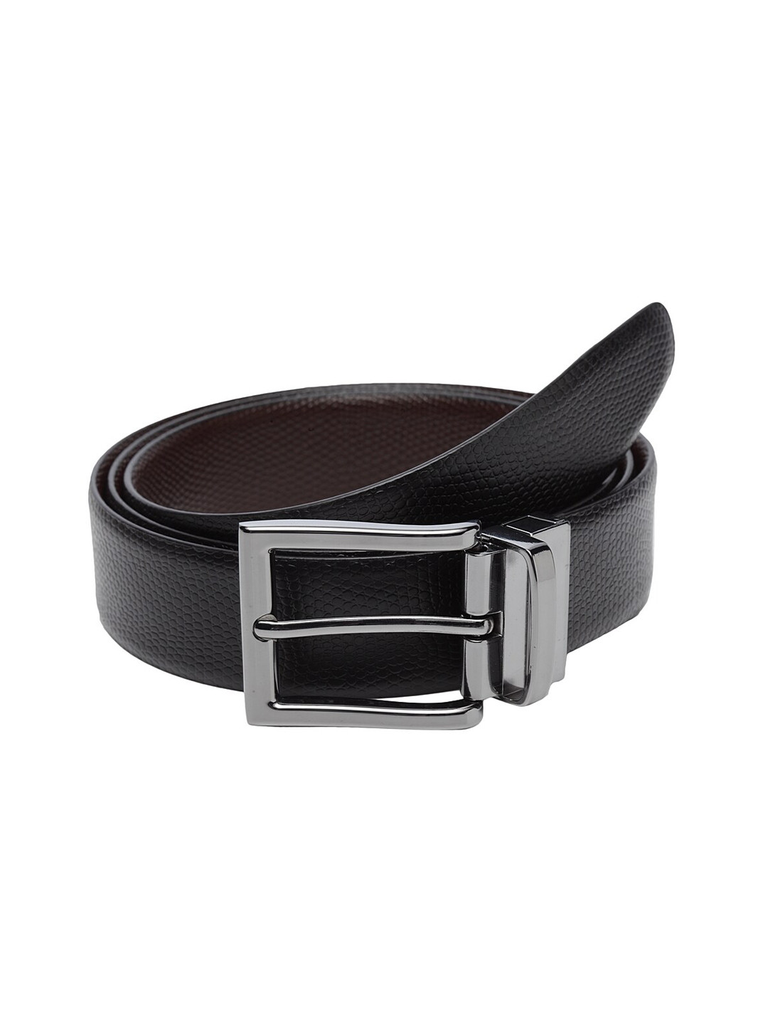 

WELBAWT Men Black & Brown Textured Leather Slim Reversible Belt