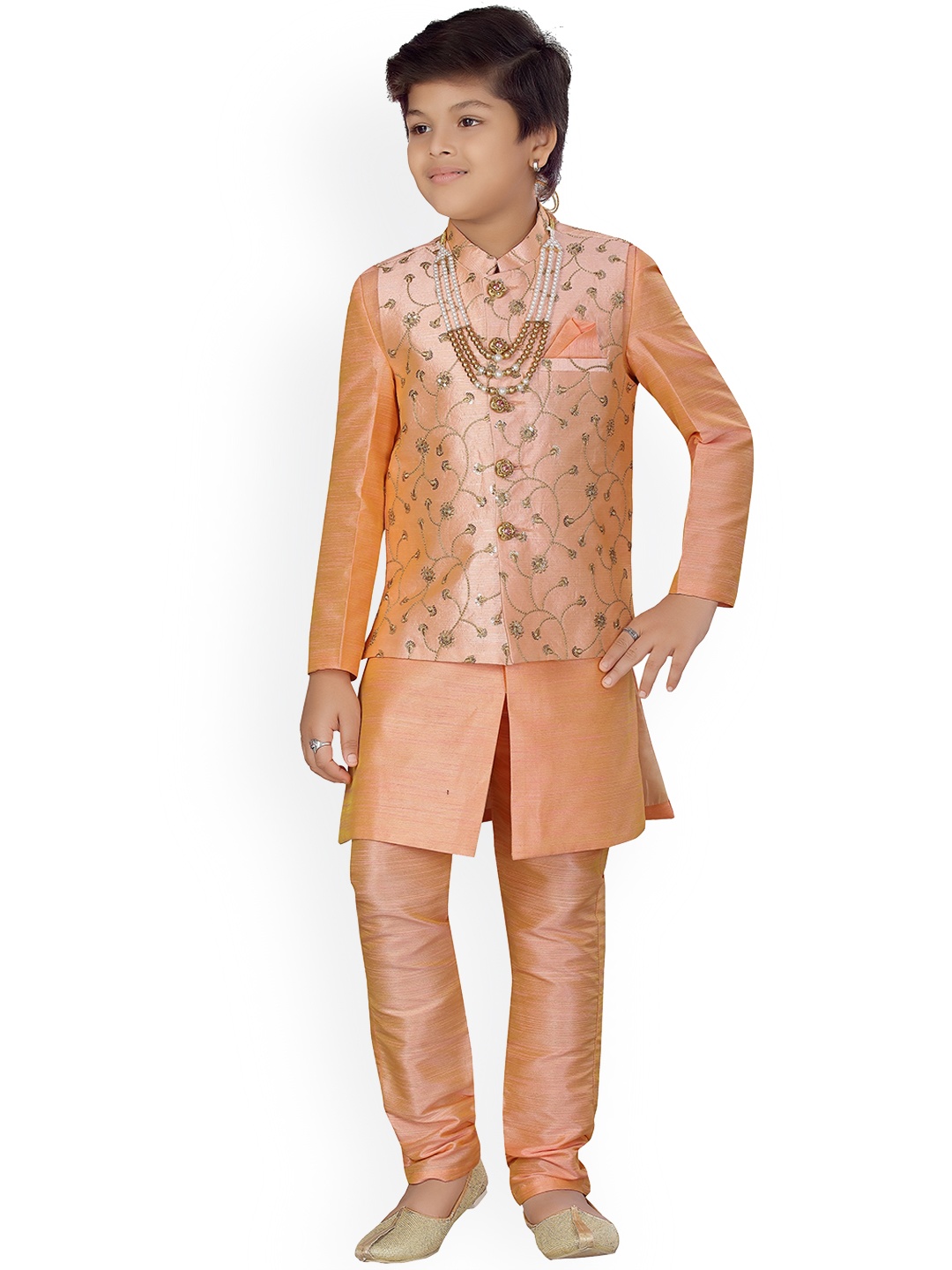 

ahhaaaa Boys Orange Solid Kurta with Pyjamas & Nehru Jacket