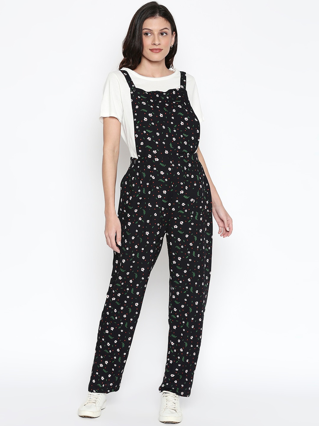 

People Women Black & White Printed Basic Jumpsuit