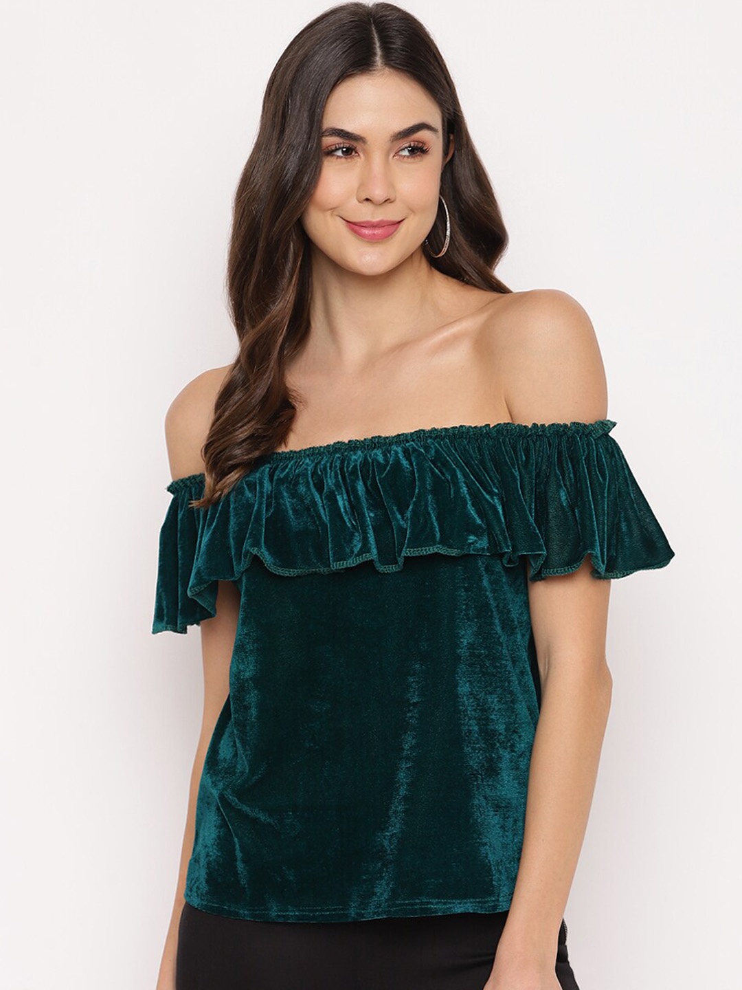 

Mayra Green Off-shoulder Cold-shoulder Sleeves Velvet Bardot Top