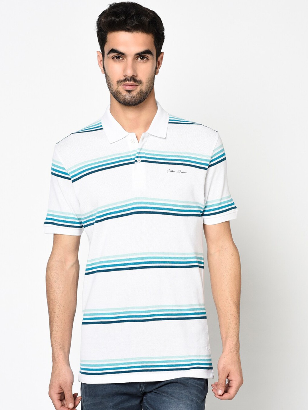 

Octave Men White & Blue Striped Polo Collar T-shirt