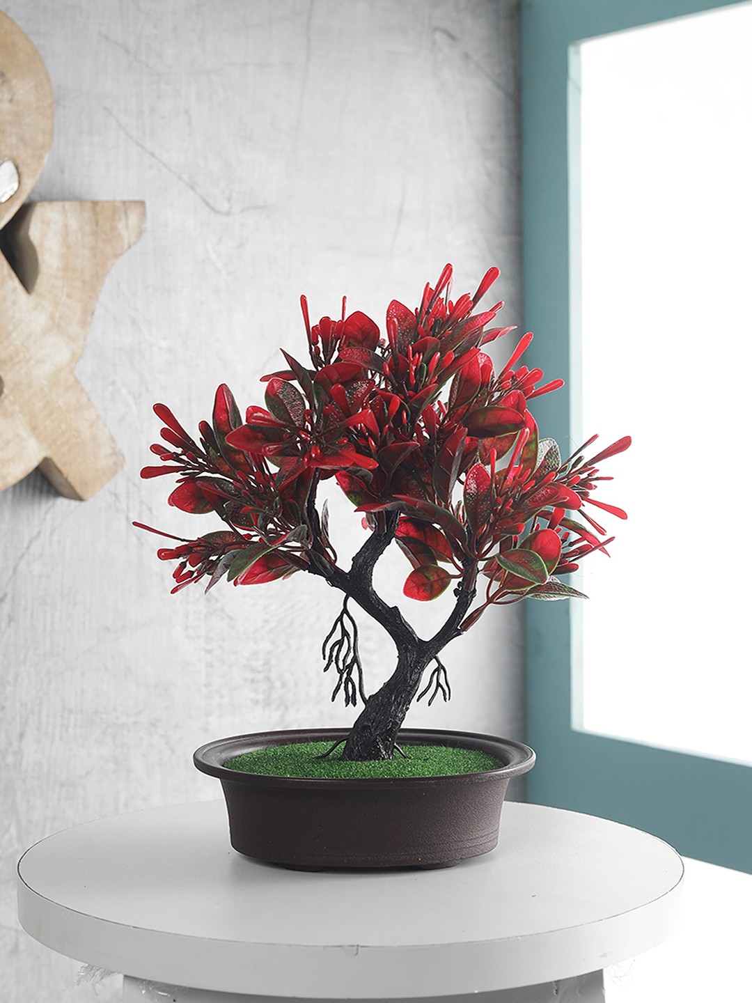

FOLIYAJ Red Artificial Y Shape Bonsai Tree with Black Pot