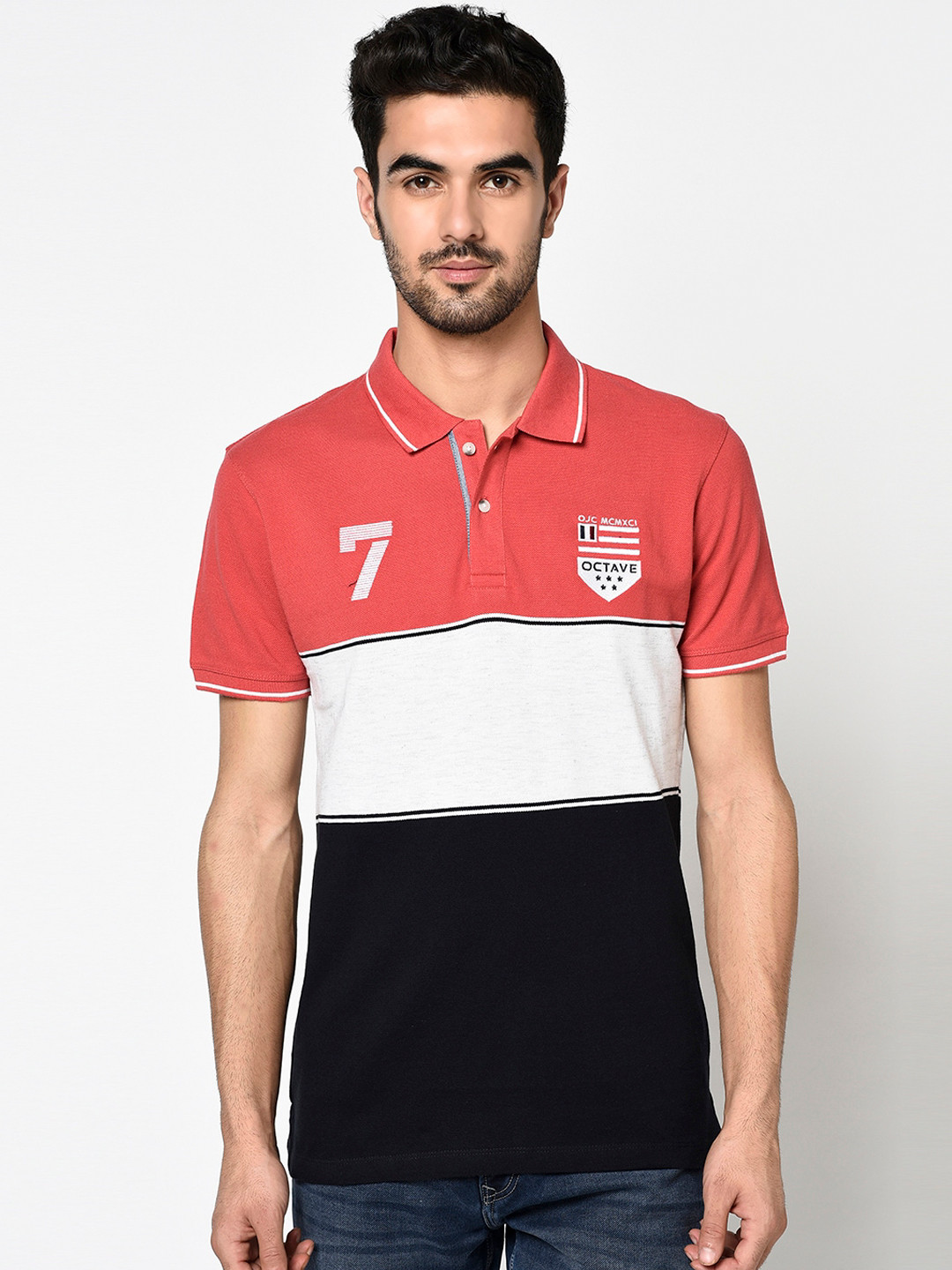 

Octave Men Red Colourblocked Polo Collar T-shirt