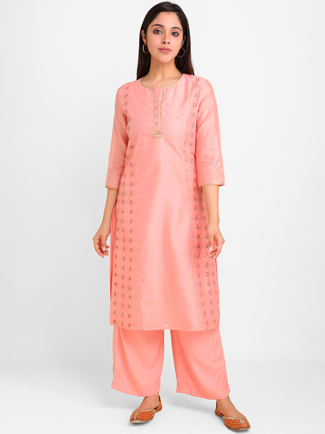 

Lal10 Women Peach-Coloured & Gold-Coloured Printed Chanderi Silk Kurta
