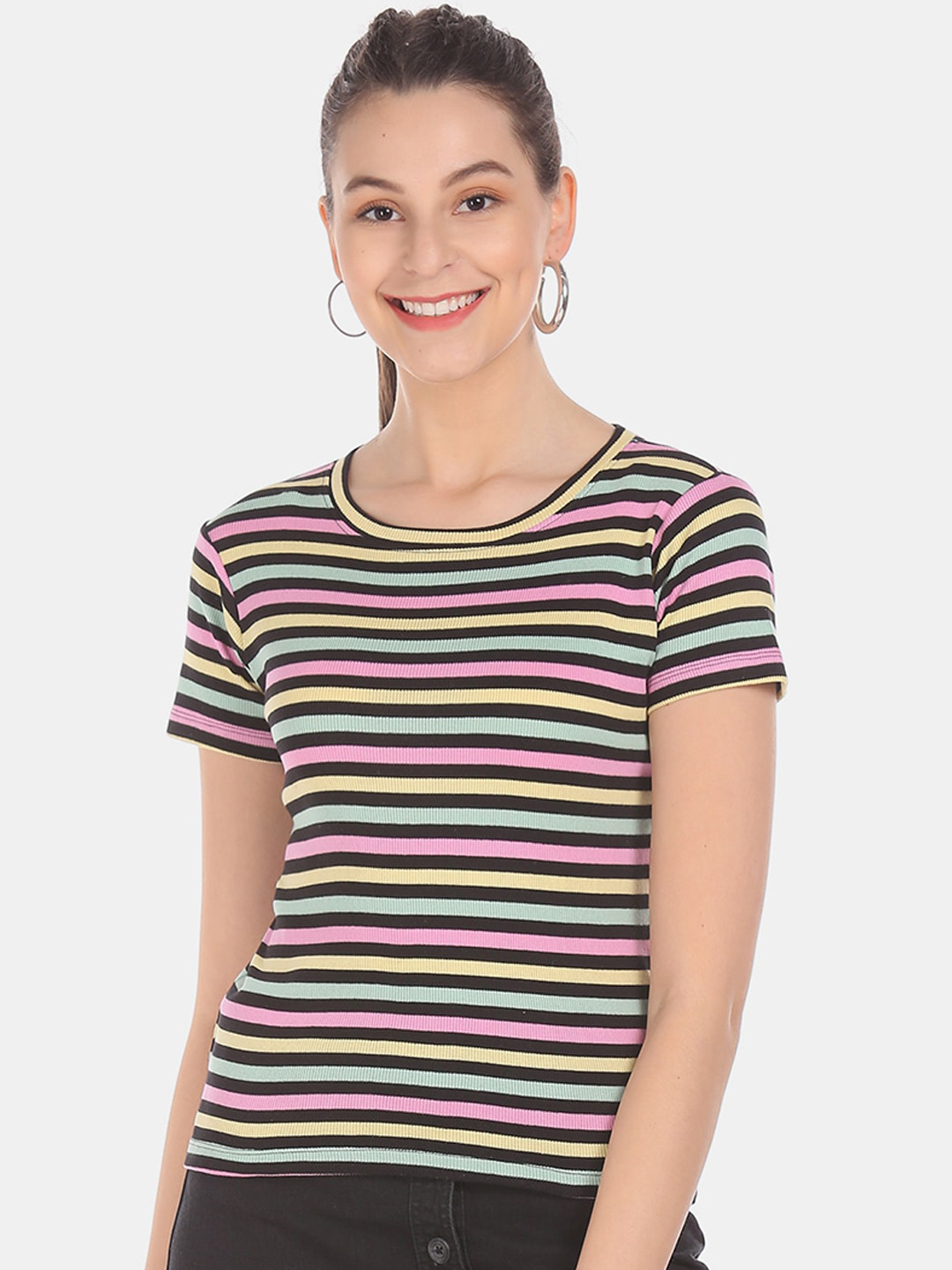 

Sugr Women Black Striped Round Neck T-shirt
