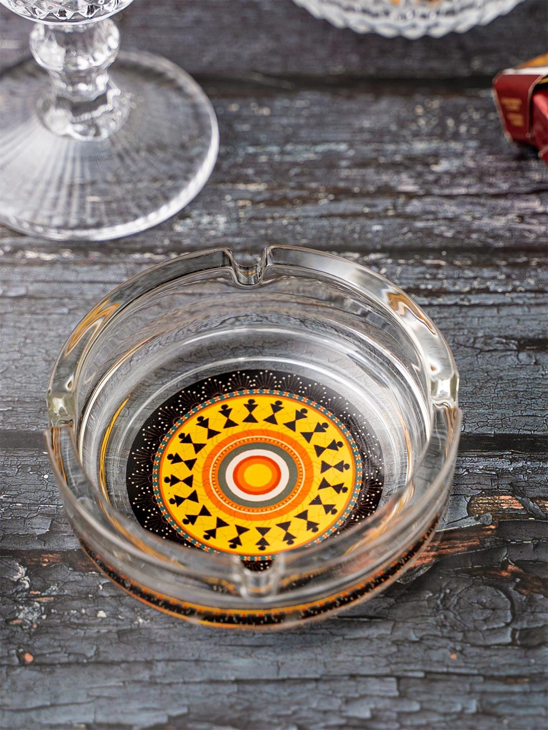 

KOLOROBIA Transparent & Black Warli Art Glass Ashtray