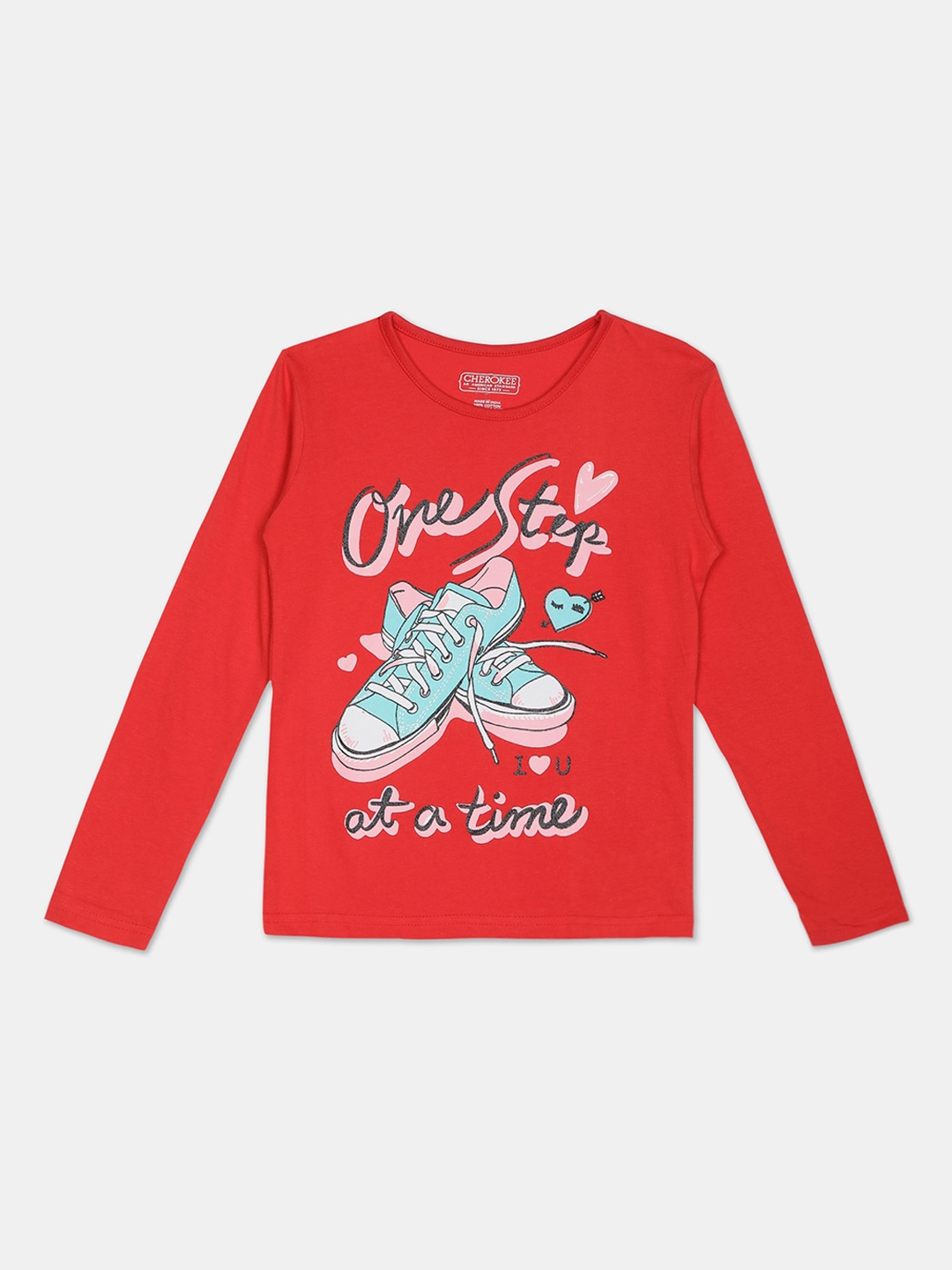 

Cherokee Girls Red Pink Printed Round Neck Pure Cotton T-shirt