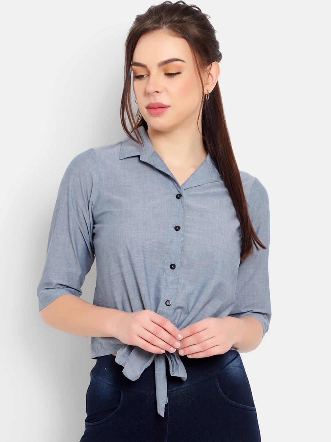 

Ayaany Women Grey Pure Cotton Shirt Style Top