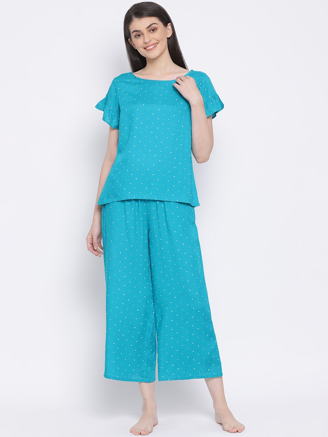

Clovia Women Turquoise Blue & White Printed Night Suit