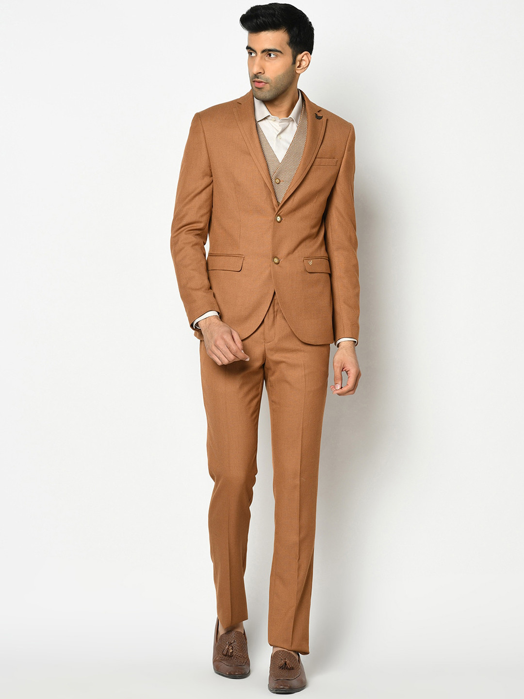 

Blackberrys Men Brown Self-Design Slim-Fit Single-Breasted Formal Suit