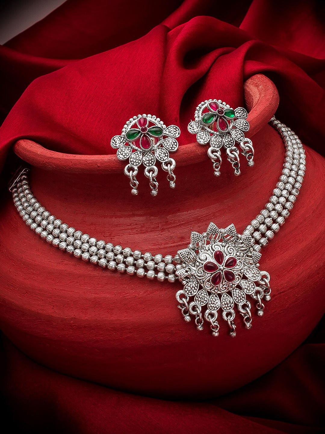

aadita Oxidized Silver-Plated Pink Stone-Studded Jewellery Set