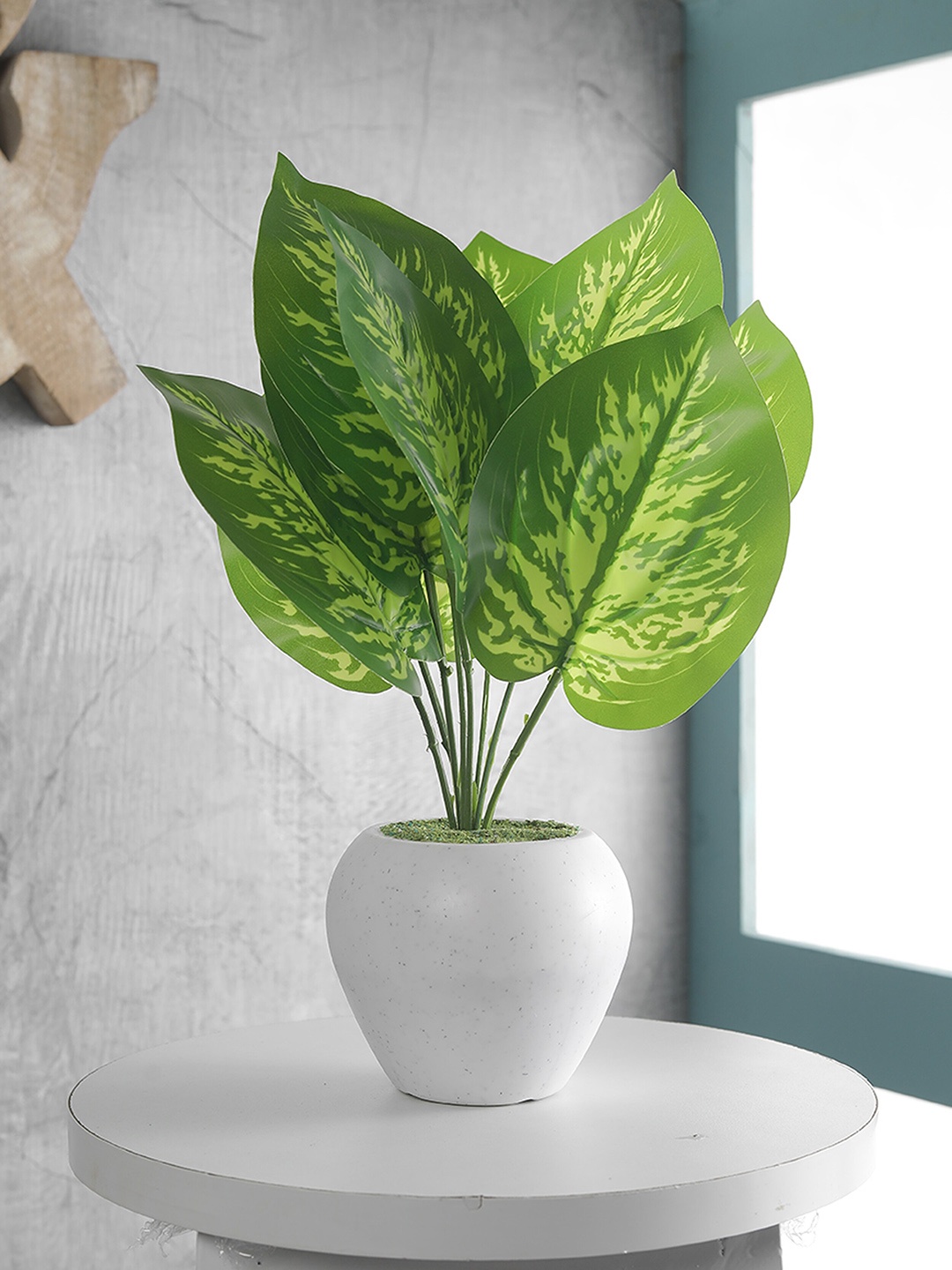 

FOLIYAJ Green Artificial Money Plant with White Apple Shaped Pot