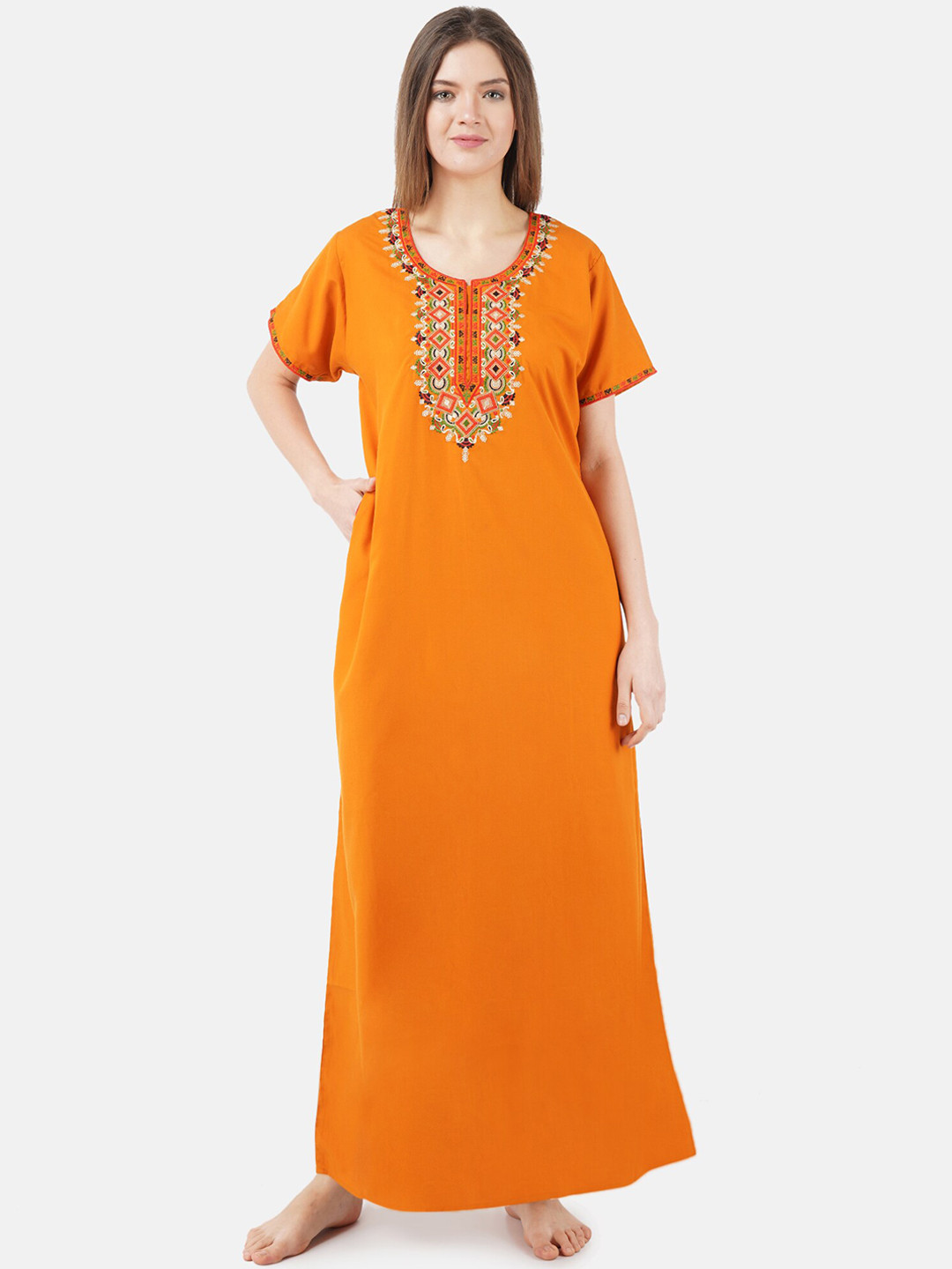 

KOI SLEEPWEAR Orange & Pink Embroidered Cotton Nightdress