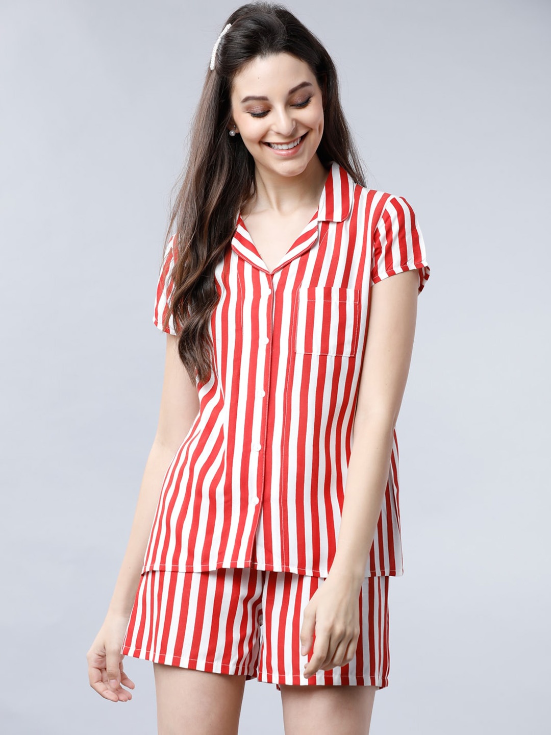 

Tokyo Talkies Women Red & White Striped Night suit