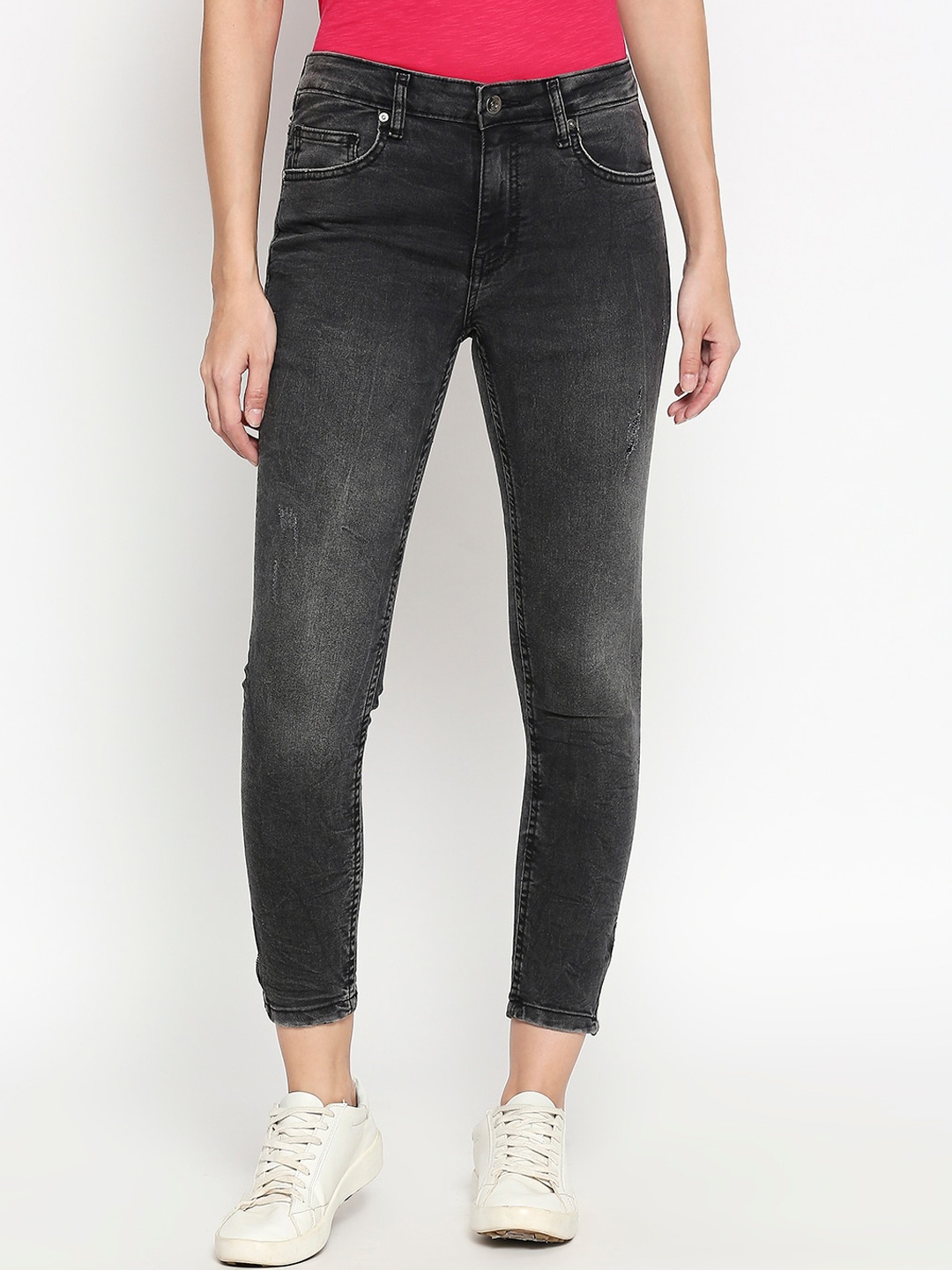 

People Women Charcoal Grey Skinny Fit Mid-Rise Low Distress Jeans