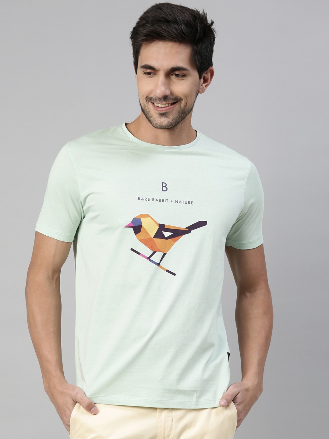 RARE RABBIT Men Cause Slim Fit Printed Round Neck T-Shirt, Green