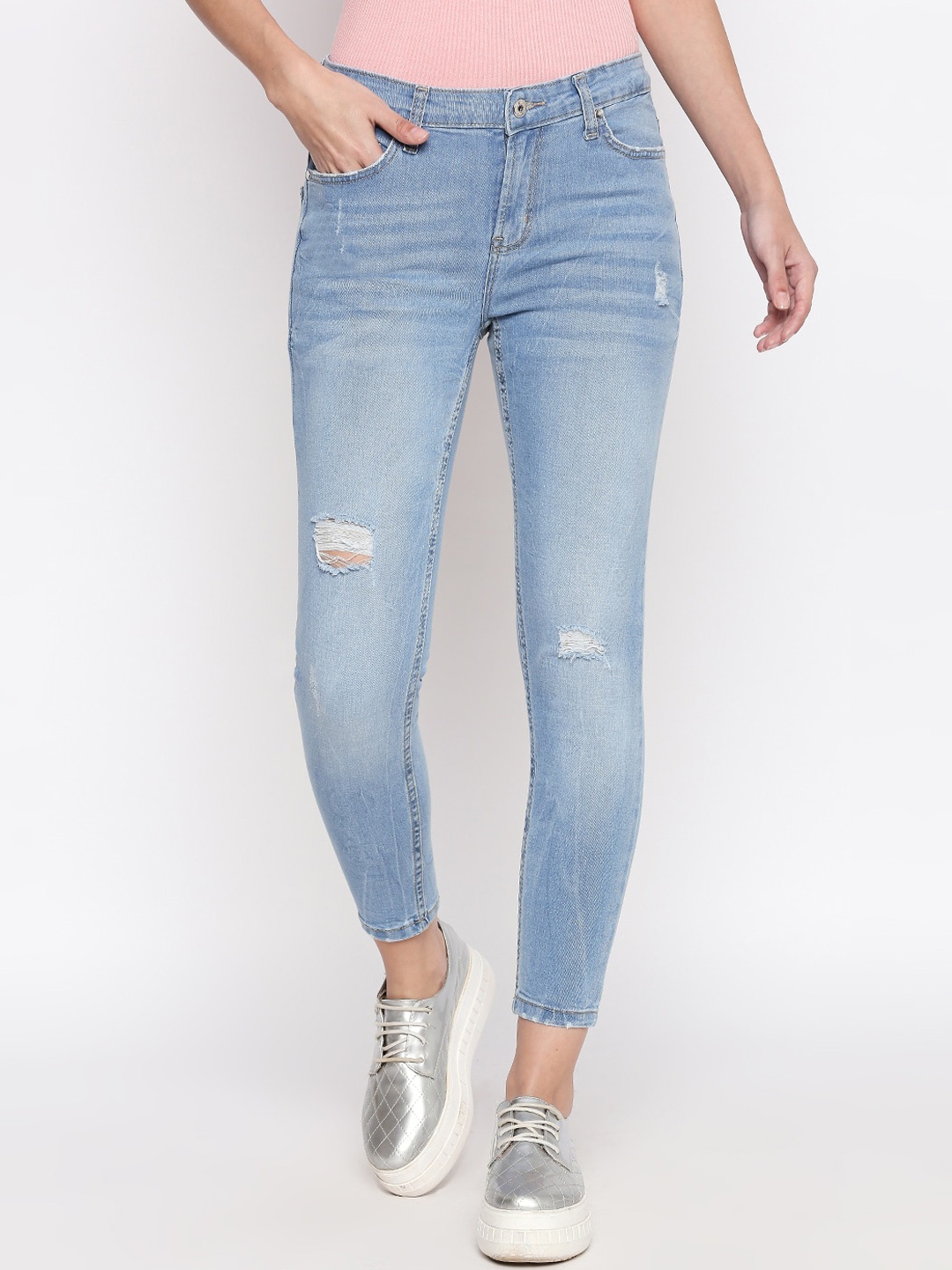 

People Women Blue Skinny Fit Mid-Rise Mildly Distressed Jeans