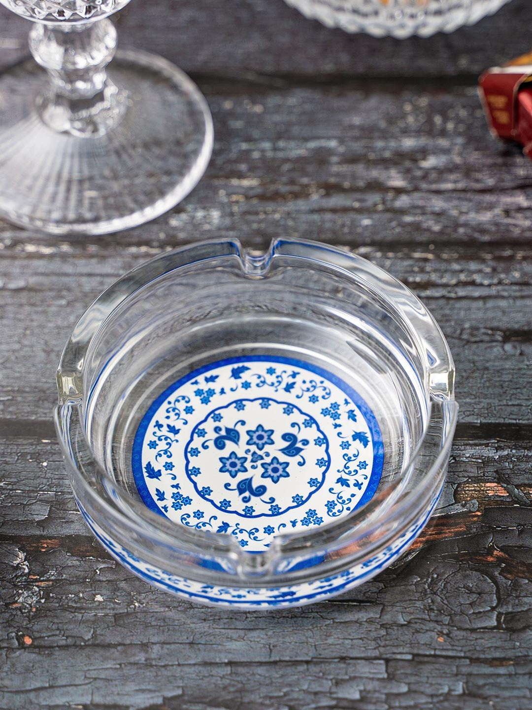 

KOLOROBIA Transparent & White Floral Pottery Glass Ashtray