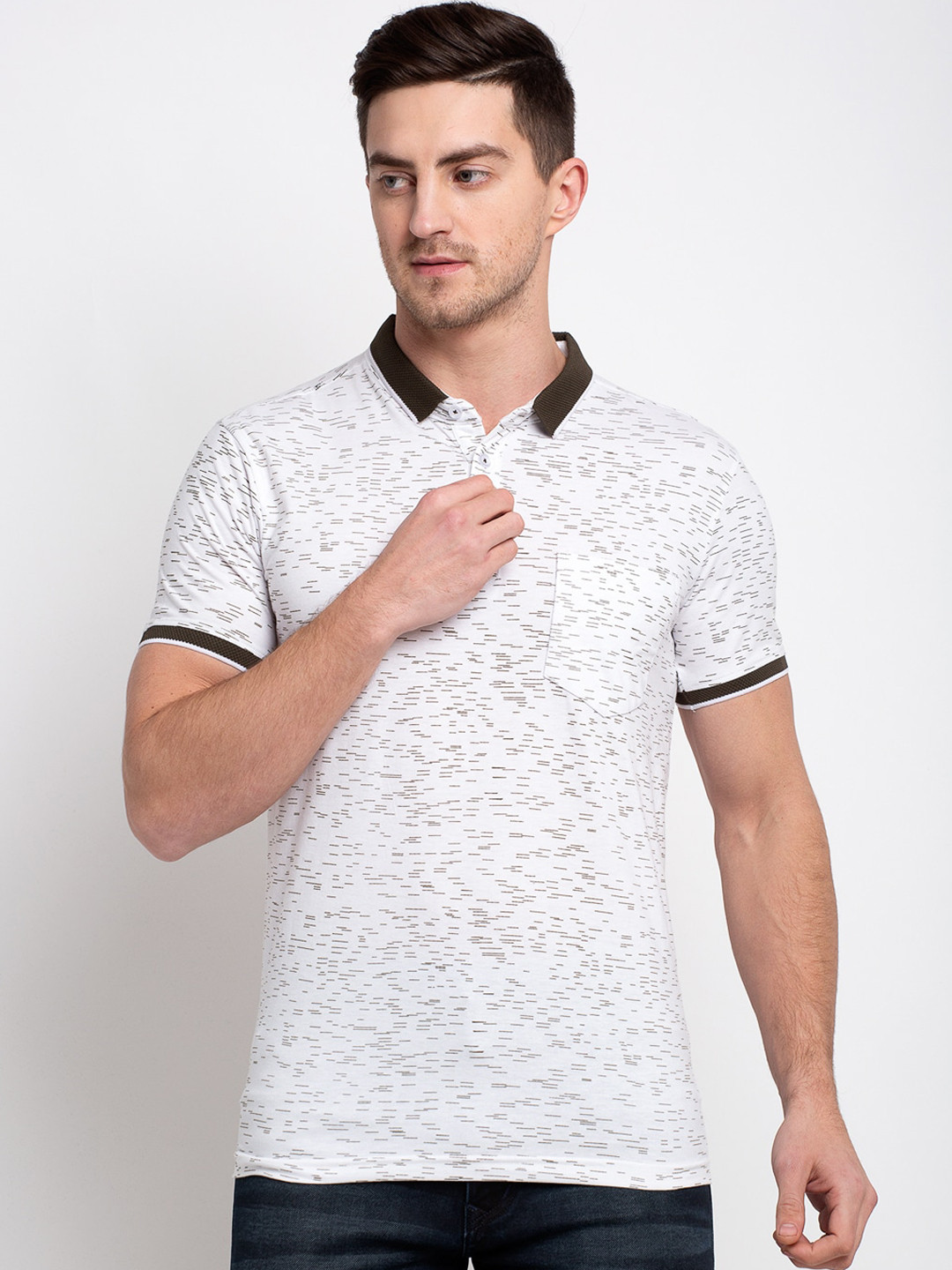 

Rodamo Men White Printed Polo Collar T-shirt