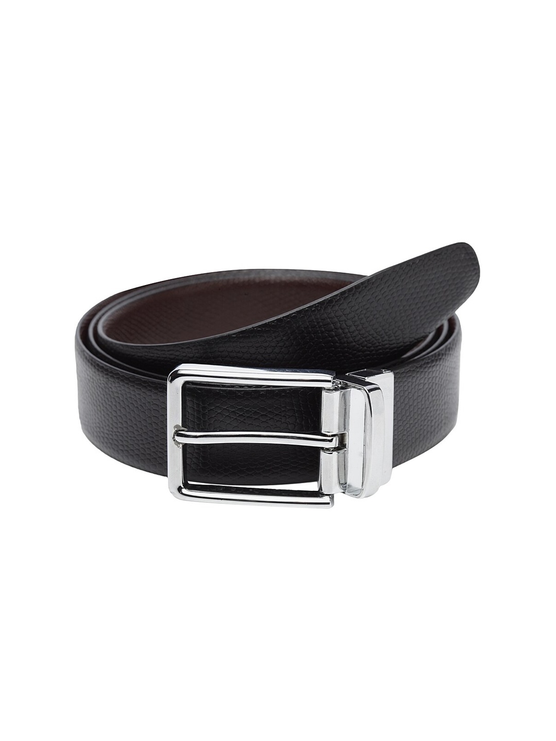 WELBAWT Men Black & Brown Textured Leather Slim Reversible Belt