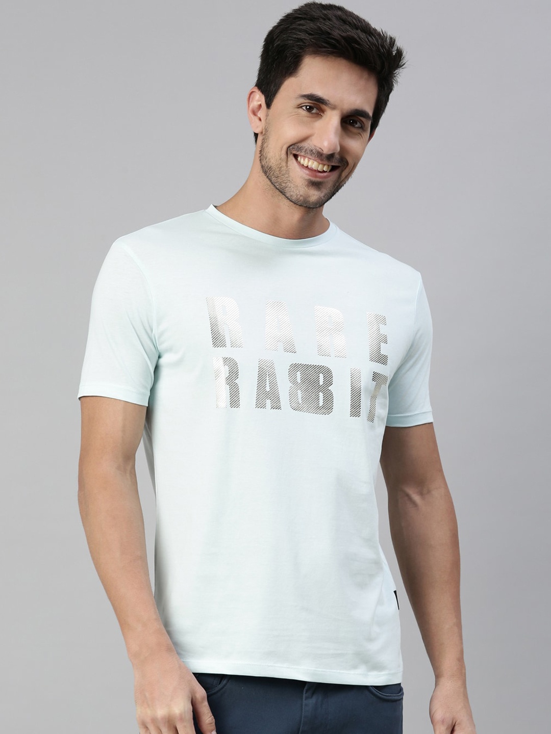 

RARE RABBIT Men Electric Slim Fit Turquoise Printed Round Neck T-Shirt, Turquoise blue