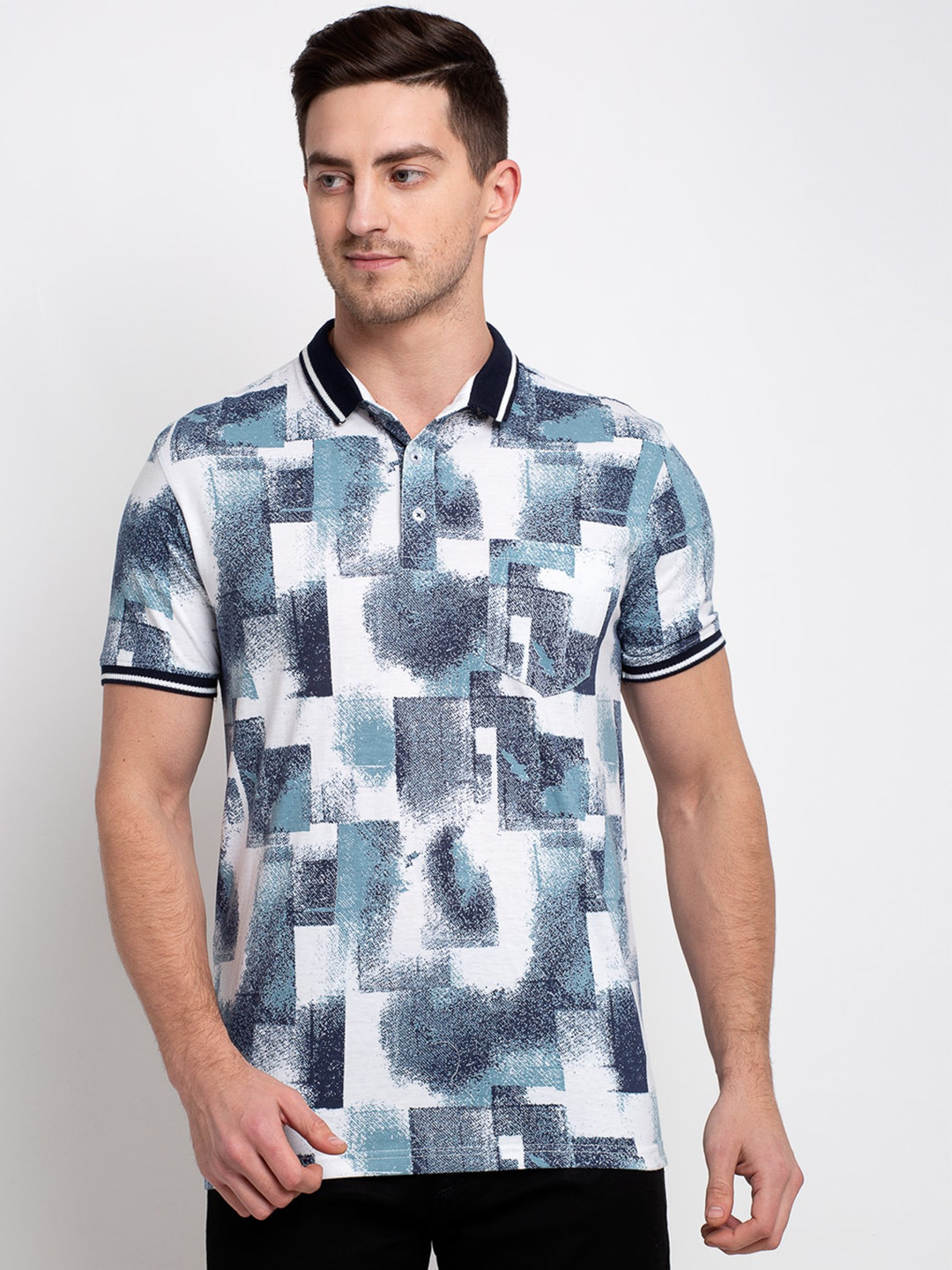 

Rodamo Men White Printed Polo Collar T-shirt