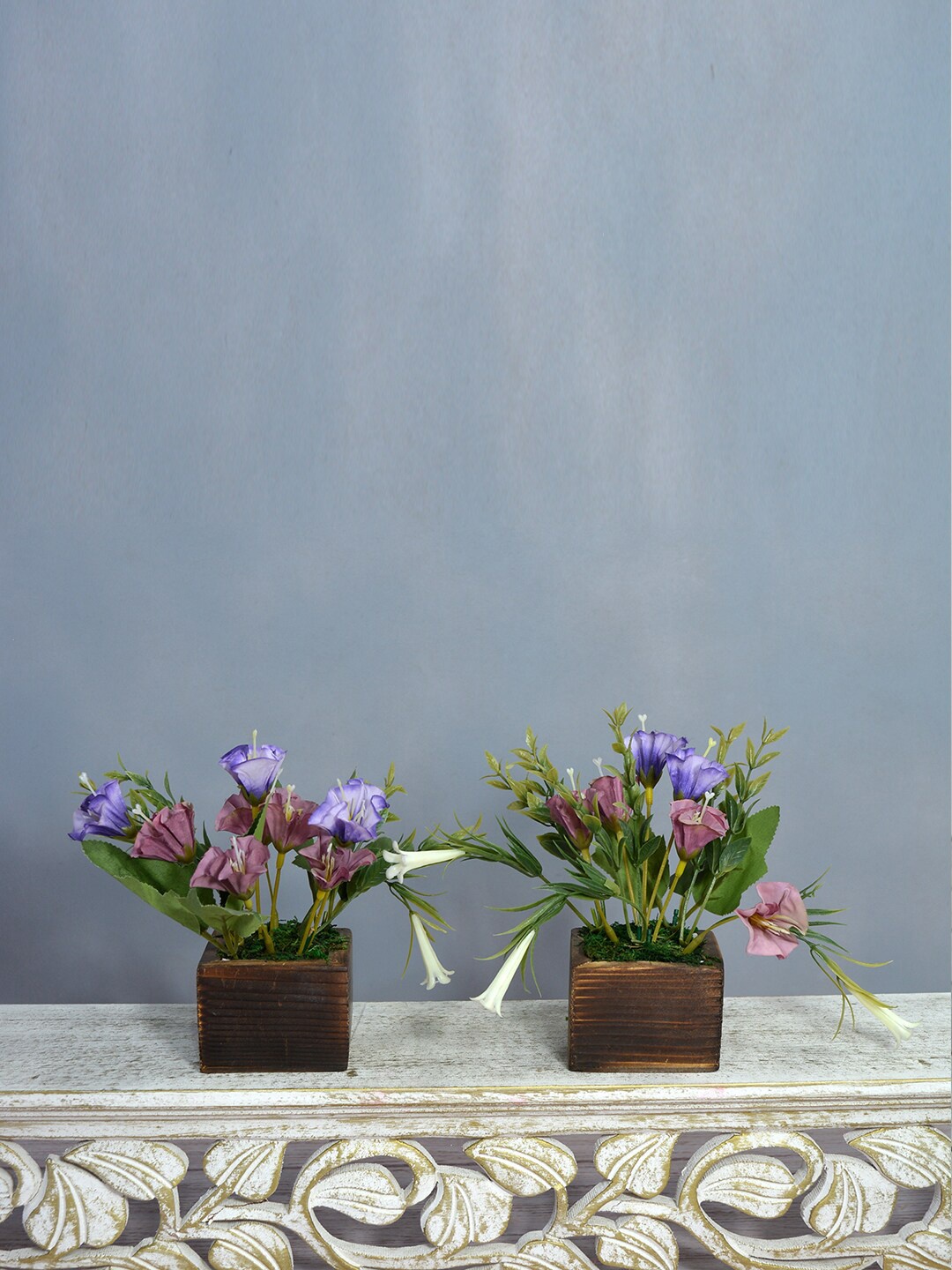 

fancy mart Set of 2 Purple & Green Artificial Flower Lilies in Brown Wooden Pot