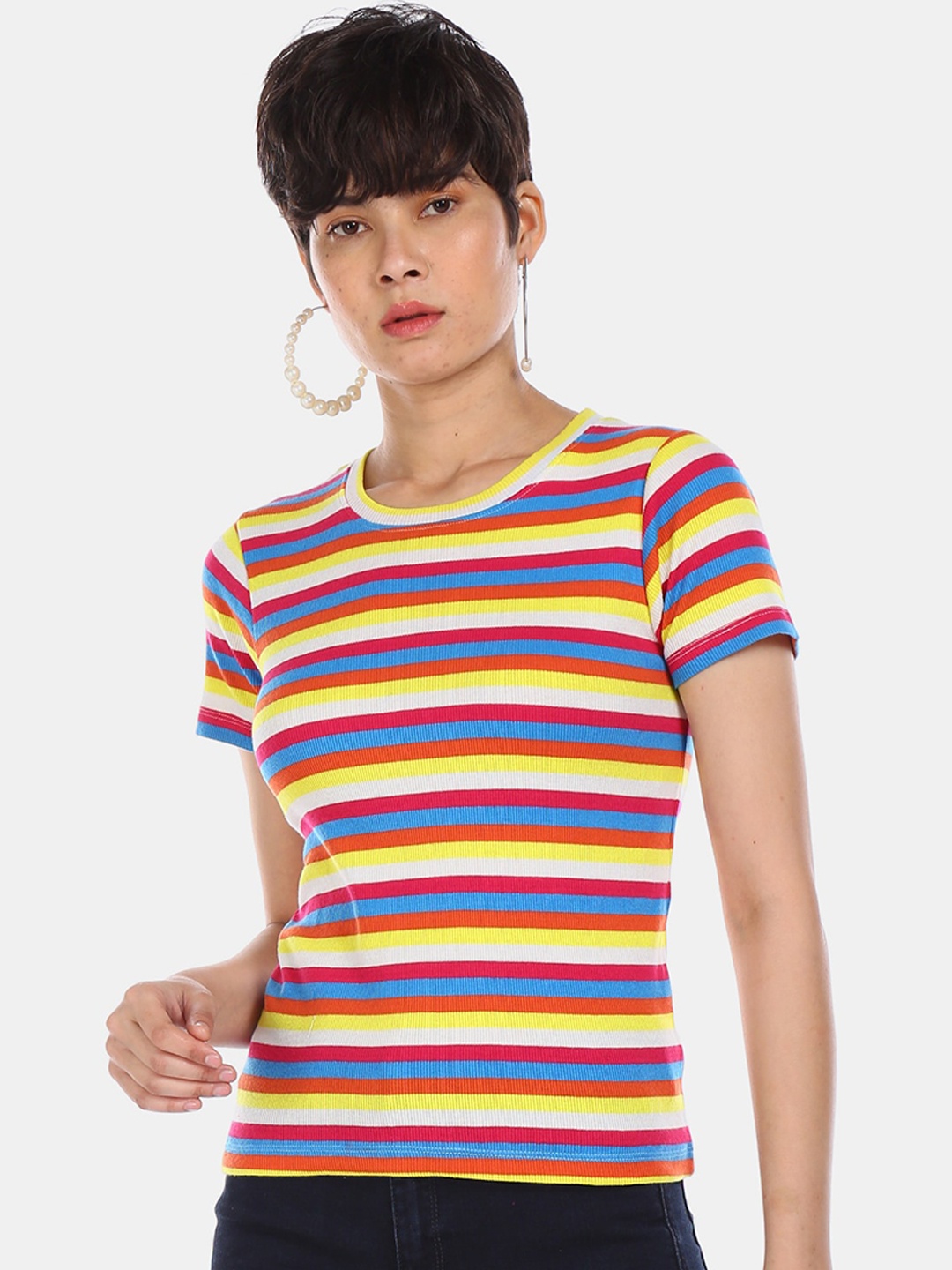 Sugr Women Yellow & Red Striped Round Neck T-shirt