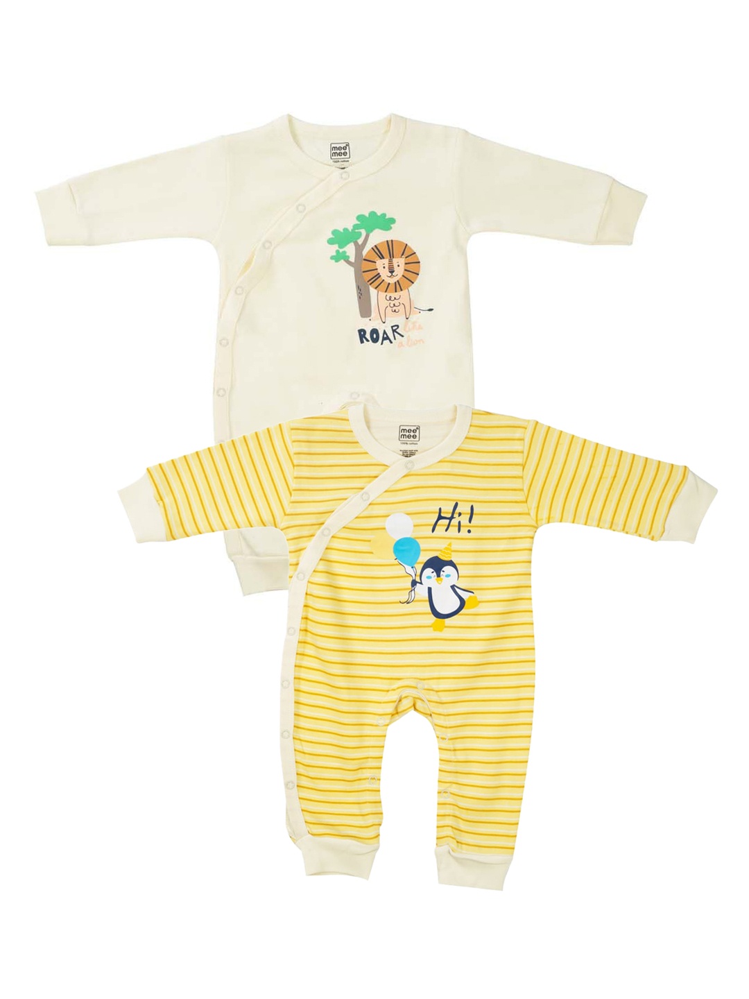 

MeeMee Infant Boys Pack Of 2 Printed Cotton Rompers, Cream