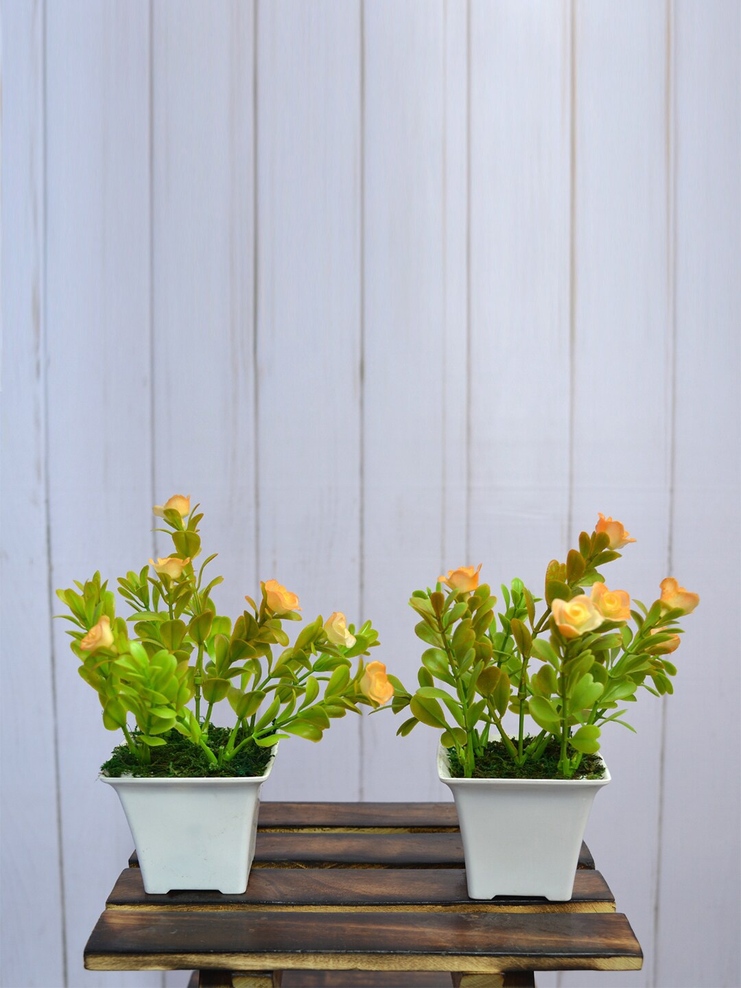 

fancy mart Set Of 2 Green & Orange Artificial Rose Flower Plants In Gamla Pots