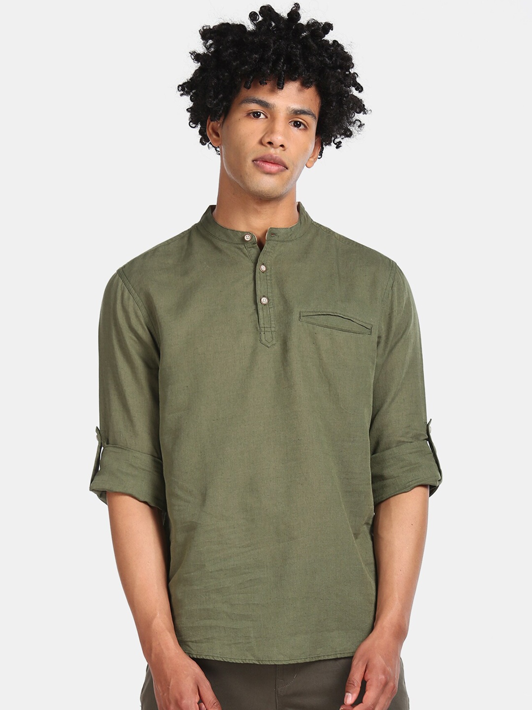 

Cherokee Men Olive Green Mandarin Collar Cotton Linen Casual Shirt