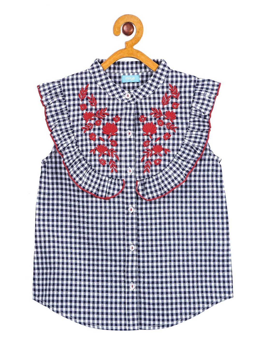 

Miyo Girls Blue & White Checked Mandarin Collar Shirt Style Top