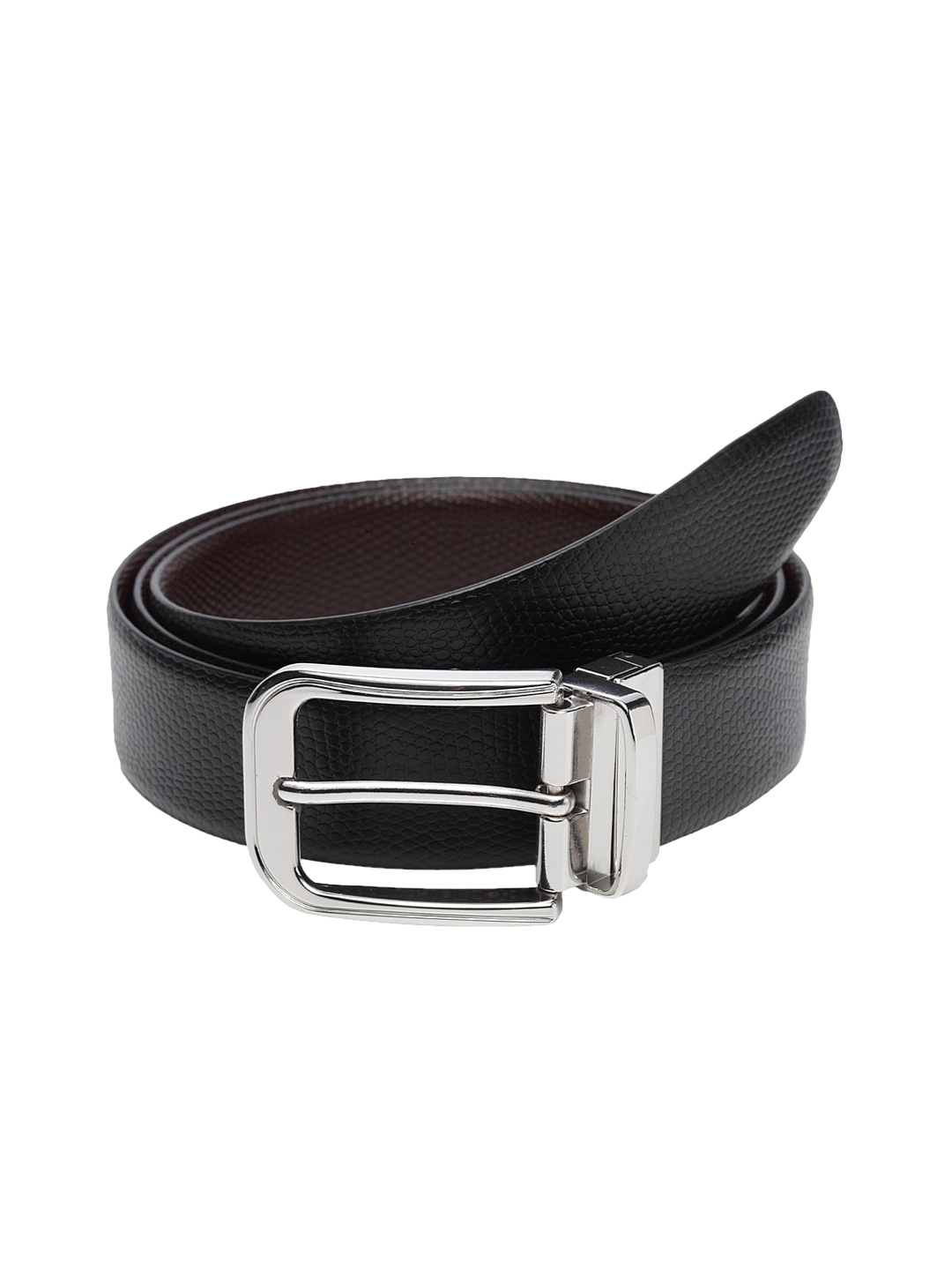 

WELBAWT Men Black & Brown Textured Leather Slim Reversible Belt
