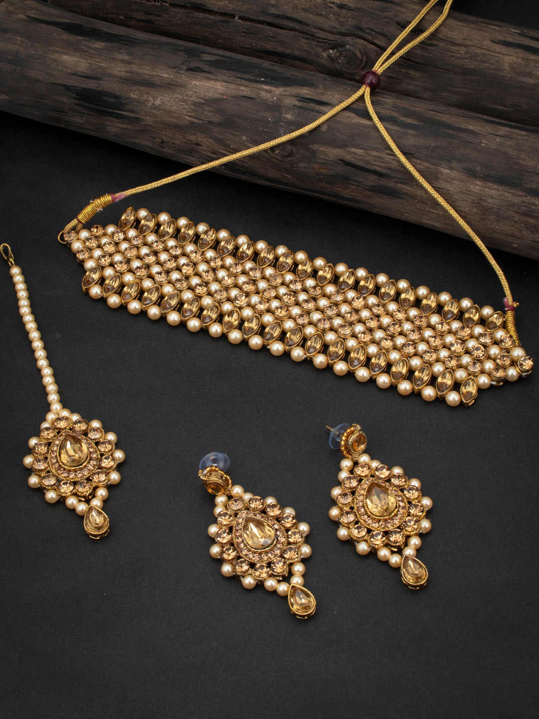 

Sukkhi Fabulous LCT Gold-Plated Beige & White Pearl & Stone-Studded Sustainable Jewellery Set