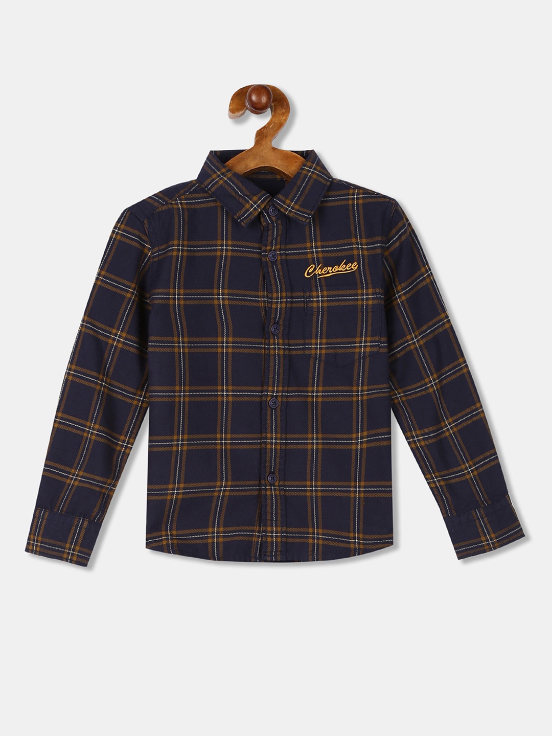 

Cherokee Boys Navy Blue & Yellow Regular Fit Checked Casual Shirt