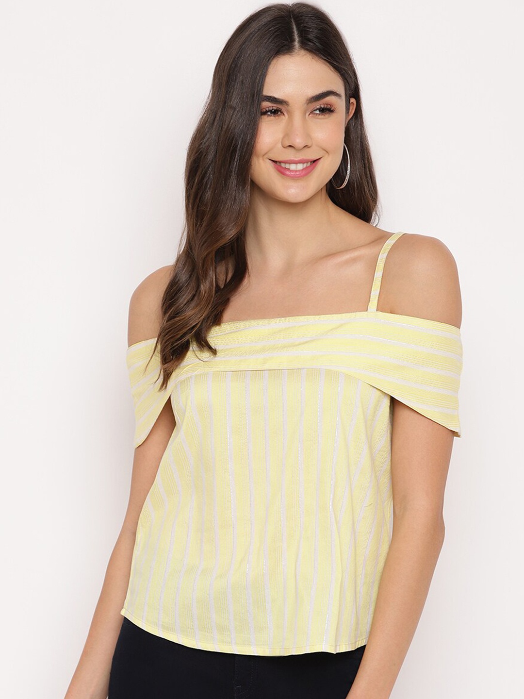 

Mayra Yellow & White Striped Bardot Cold-Shoulder Bardot Top