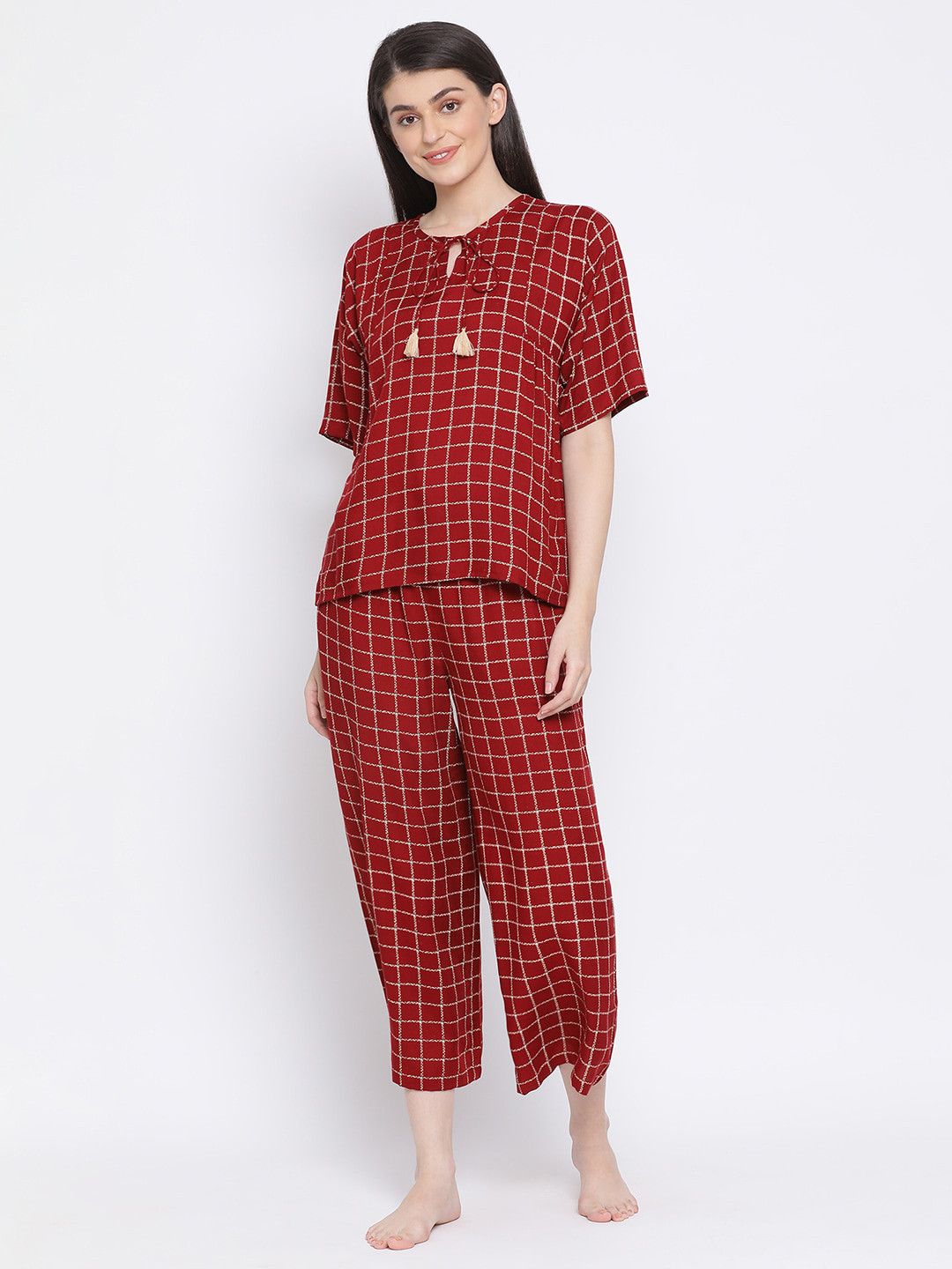 

Clovia Women Maroon Checked Night Suit