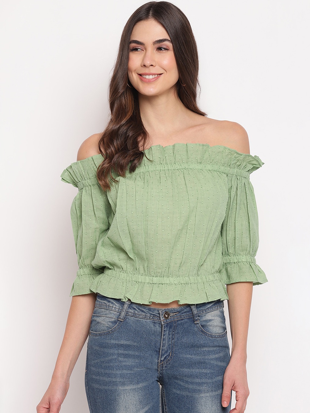 

Mayra Sea Green Off-shoulder Pure Cotton Bardot Crop Top