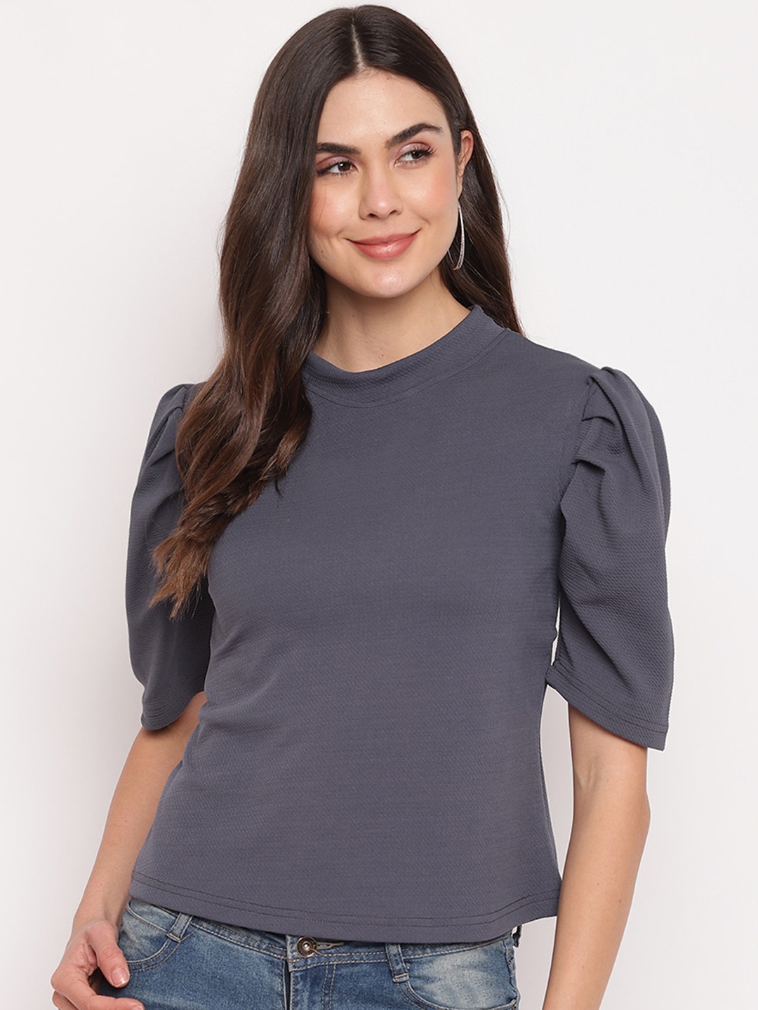 

Mayra Grey Puff Sleeves Regular Top