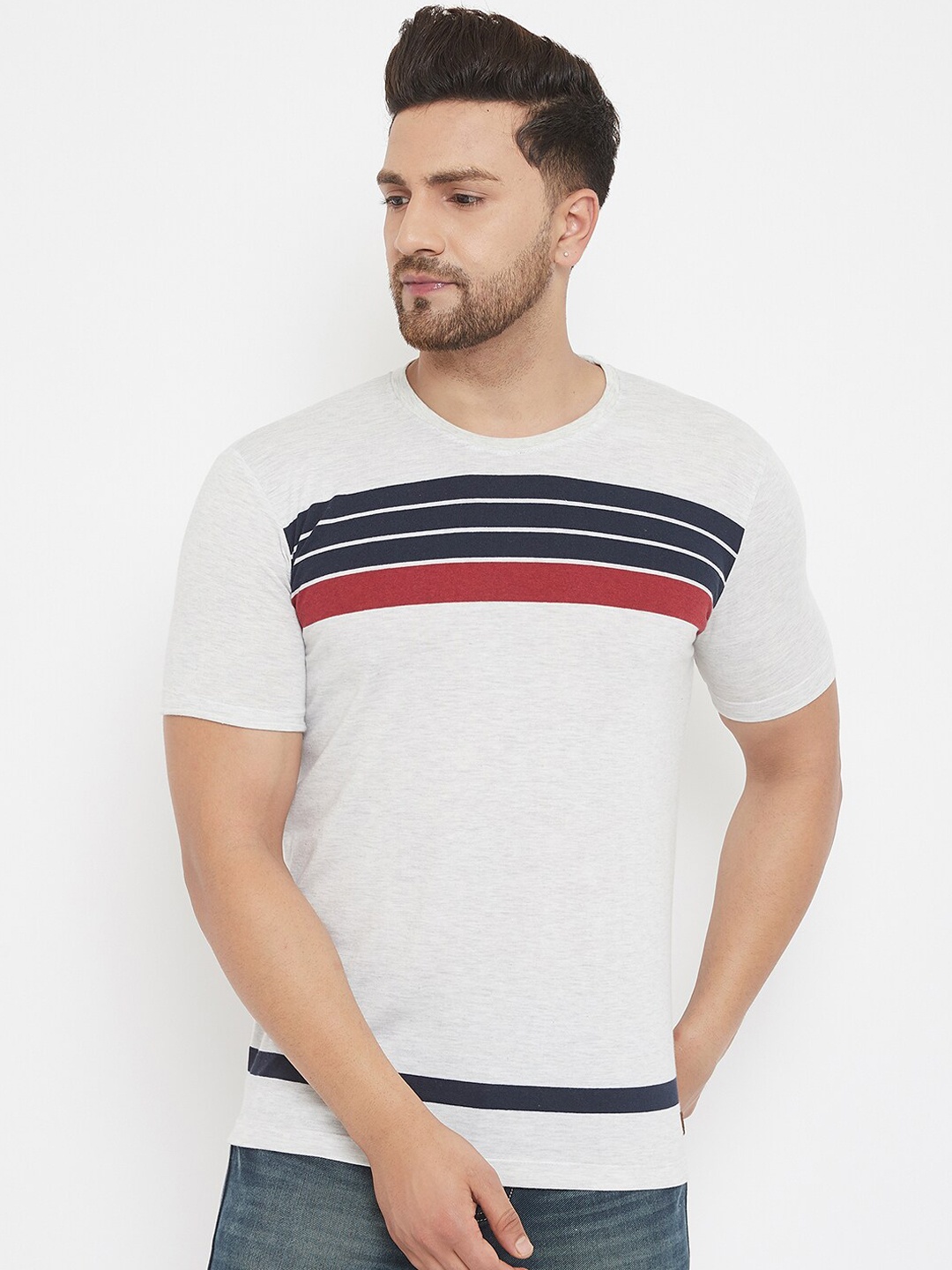 

Austin wood Men White Striped Round Neck T-shirt