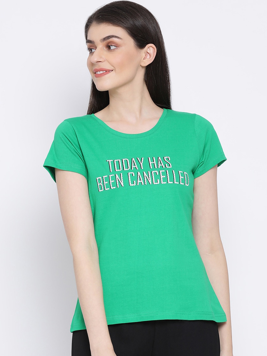 

Clovia Women Green & White Printed Cotton Lounge T-Shirt