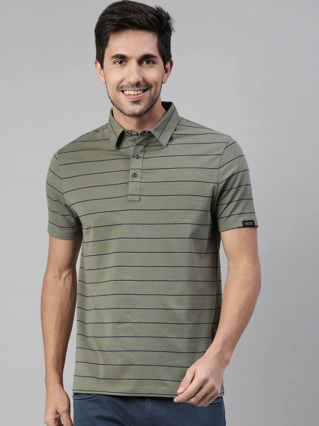

RARE RABBIT Men Olive Green & Navy Blue Striped Polo Collar T-shirt