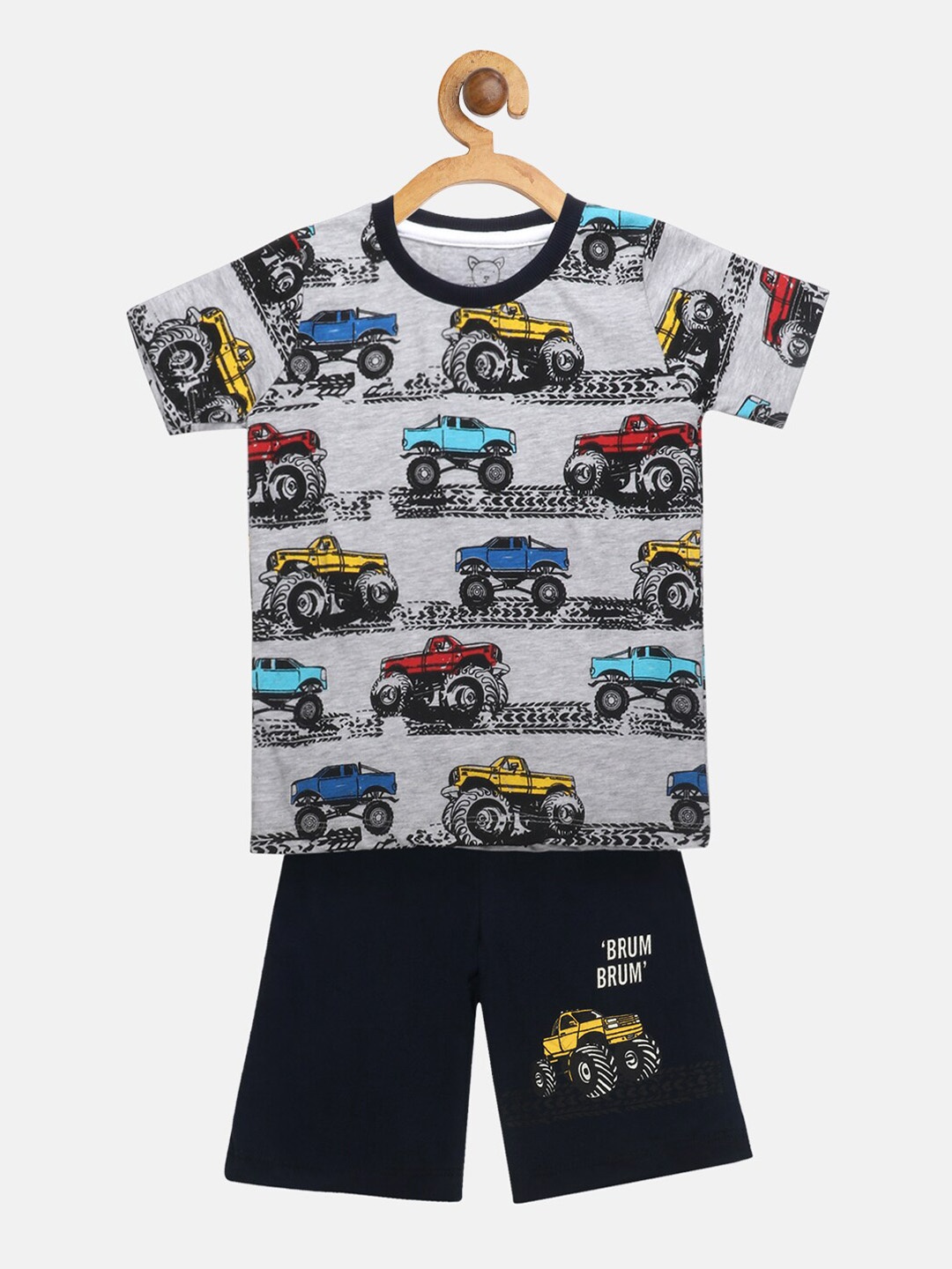 Lazy Shark Boys Grey Melange & Navy Blue Printed T-shirt with Shorts