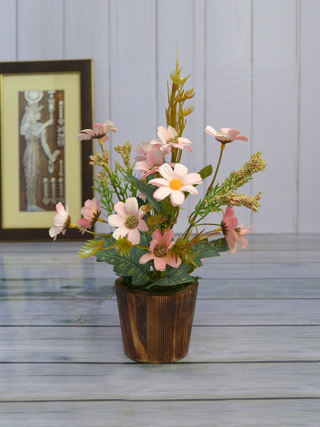 

fancy mart Pink & Brown Artificial Flower Daisy In Round Wood Pot