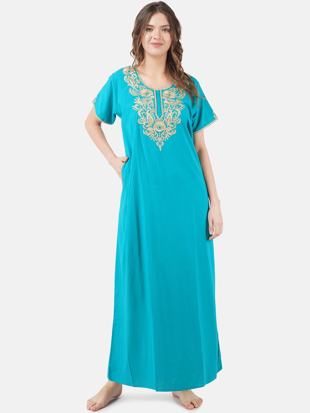

KOI SLEEPWEAR Blue Embroidered Lissybissy Cotton Maxi Nightdress