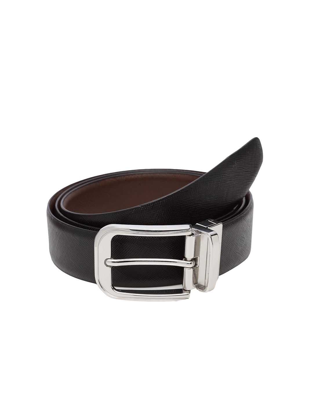 WELBAWT Men Black & Brown Textured Leather Slim Reversible Belt