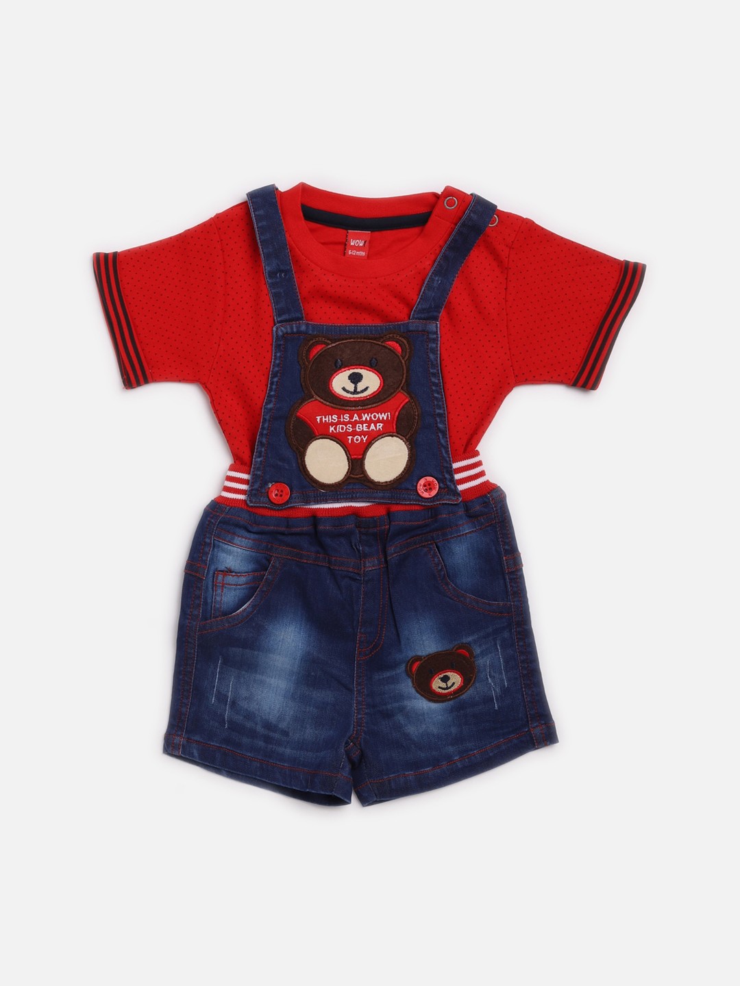 

WOW Boys Red & Navy Pure Cotton Self-Design Romper with T-shirt
