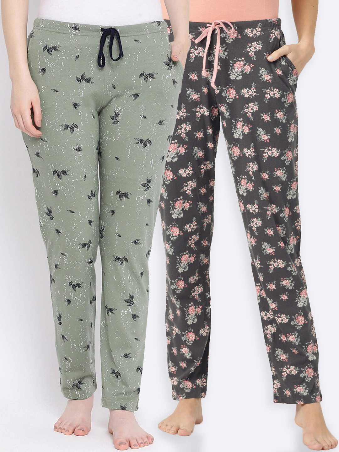 

Kanvin Women Pack of 2 Charcoal Grey & Green Printed Lounge Pants
